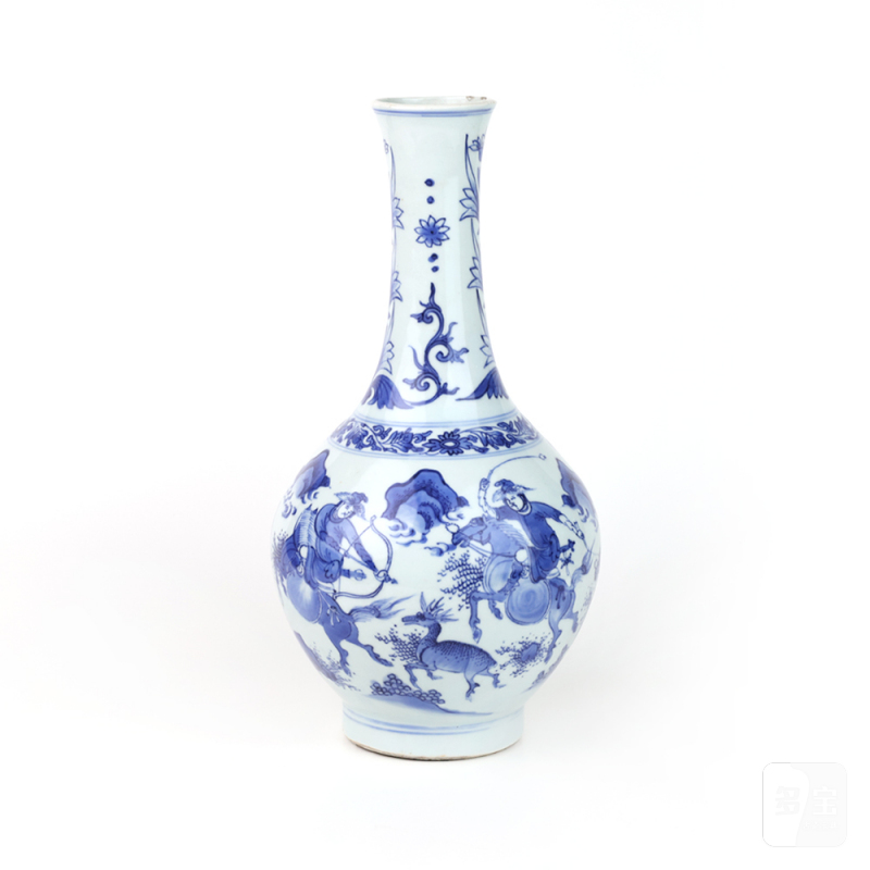 明崇祯 青花狩猎图D颈瓶 - 图1